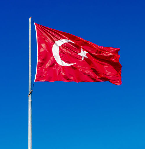 Low angle view of turkish flag against clear sky
