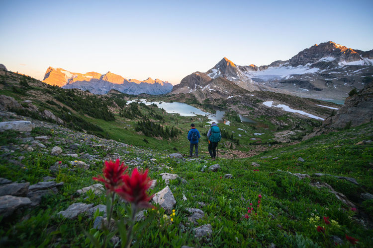 Couple hiking together during sunset in height of the rockies
