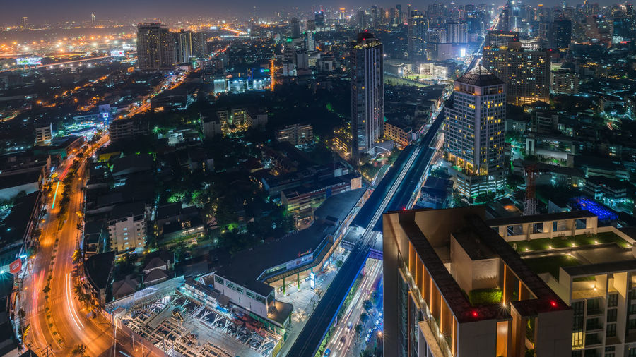 High angle view of illuminated cityscape