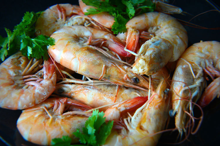 High angle view of shrimps served in plate