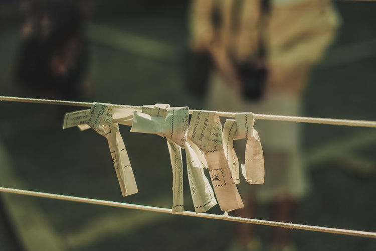 Close-up of clothespins hanging on rope