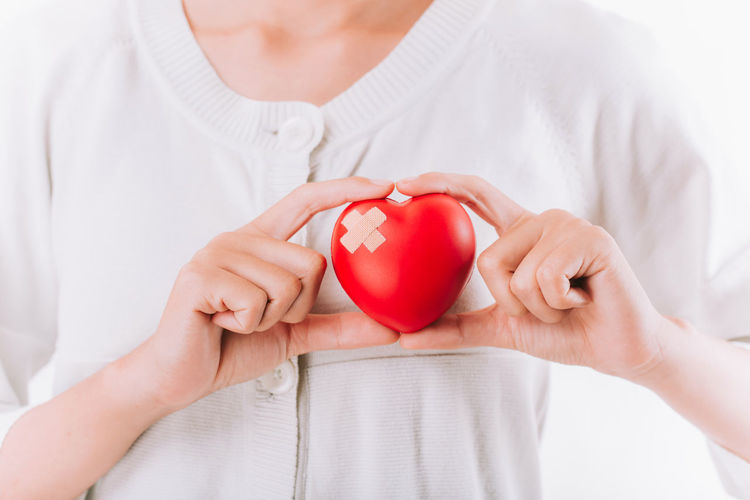 Midsection of woman holding red apple
