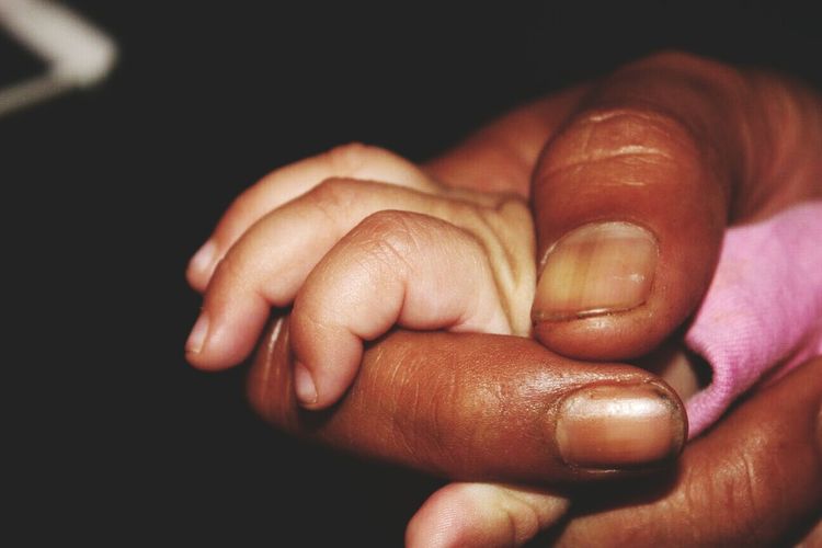 Cropped image of person holding baby hand