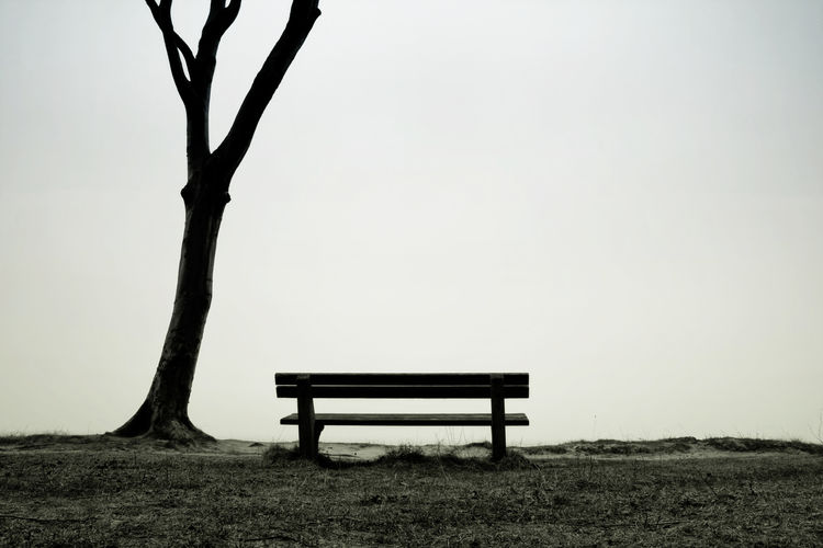 Empty bench on landscape against clear sky