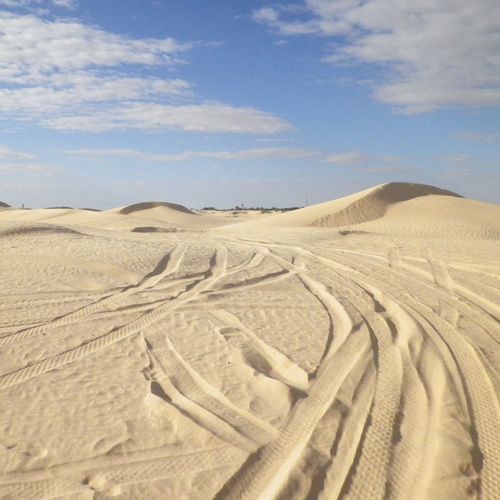 Tire tracks on sand dune in desert against sky
