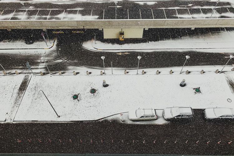 High angle view of parking lot in winter