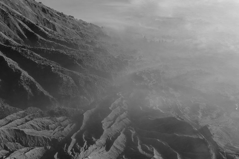 Aerial photo of mount bromo indonesia covered in morning mist