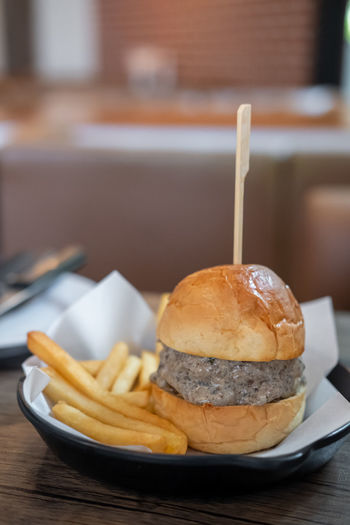 Close-up of burger on table