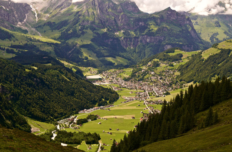 Aerial view of town in valley