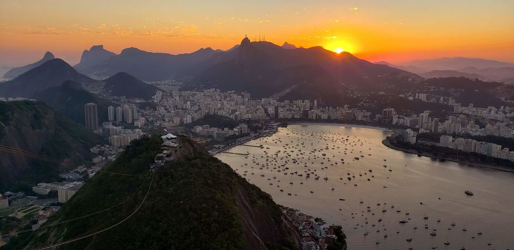 High angle view of townscape against sky during sunset