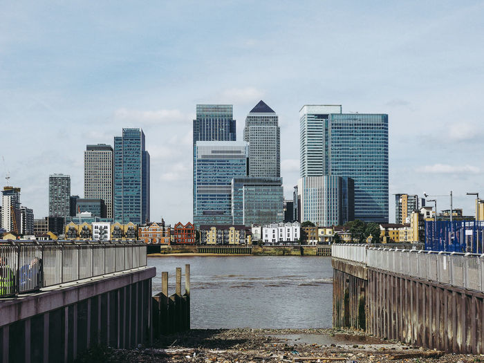 River against modern buildings in city