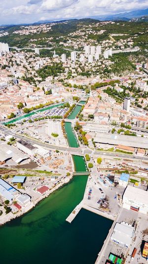 High angle view of river in town