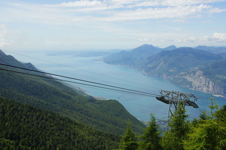 Overhead cable car over river amidst mountains against cloudy sky