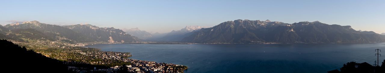 Panoramic view of river and mountains against sky