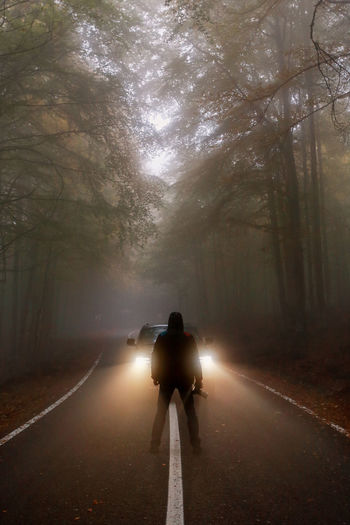 Rear view of man standing in front of car on road at forest during foggy weather