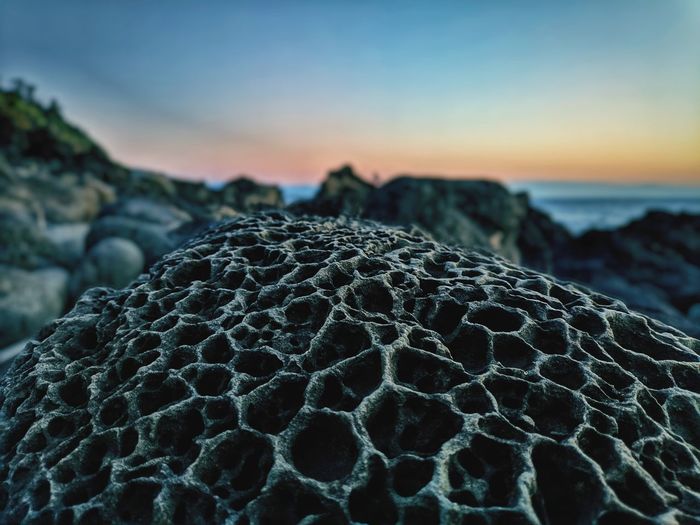Close-up of rocks on beach against sky during sunset