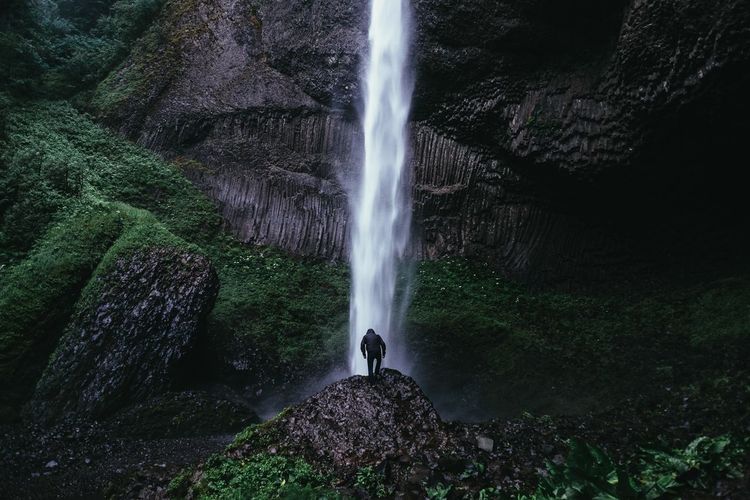 Rear view of man standing in front of latourell falls
