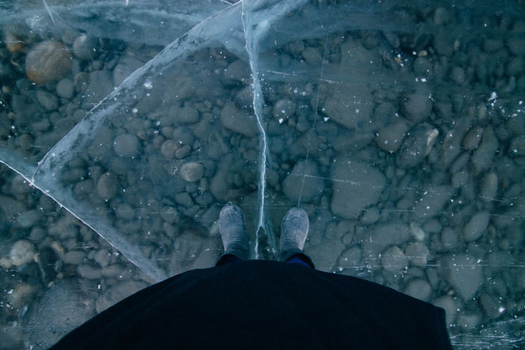 Low section of man on frozen water