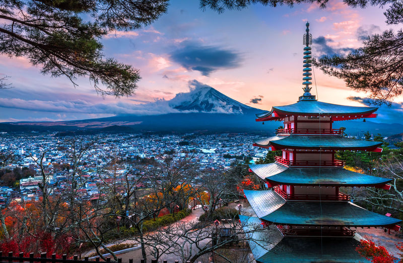 scenic view of chuleito pagoda with mount fuji