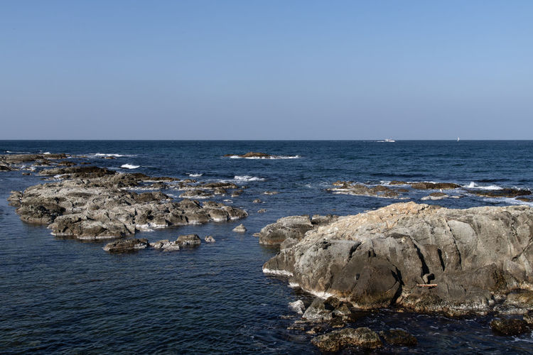 Scenic view of sea against clear sky