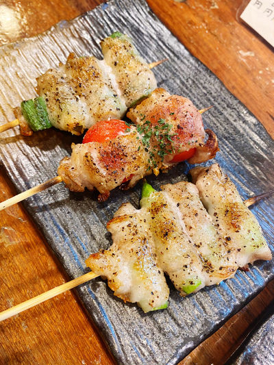 High angle view of yakitori