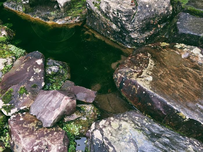 High angle view of rocks in calm water