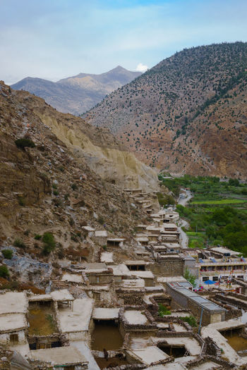 High angle view of village in annapurna circuit against sky