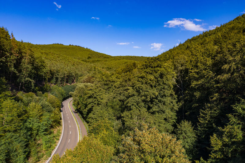 Aerial view of a mountain road through a healthy mixed forest in germany