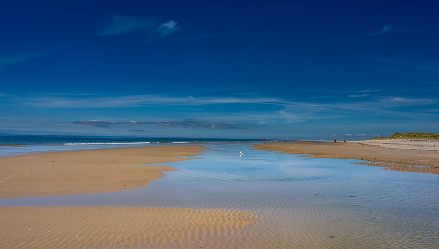Scenic view of beach against blue sky