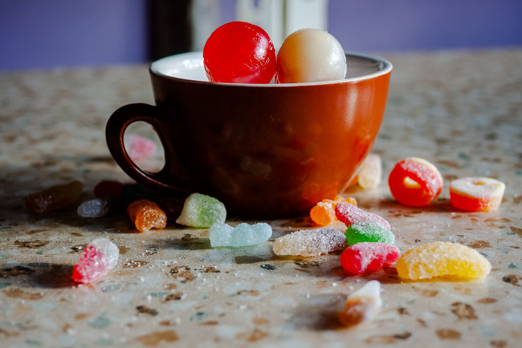 Close-up of dessert served on table