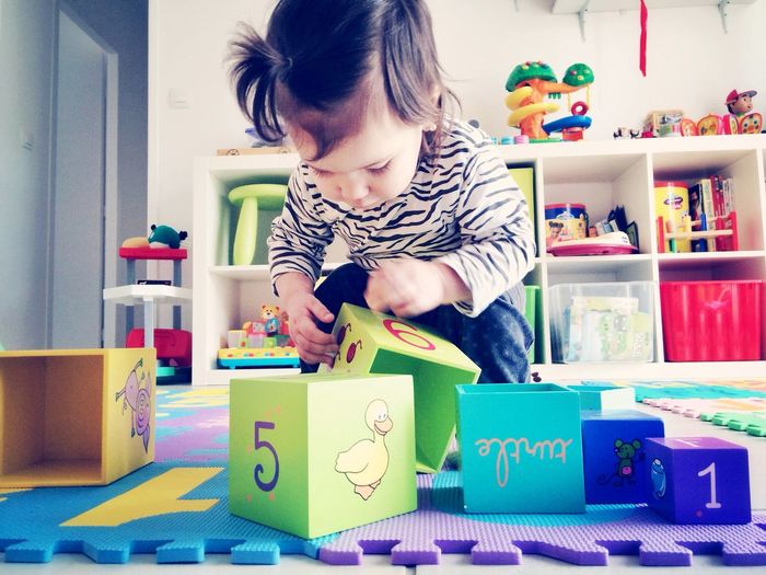 Toddler girl playing with toy blocks at home