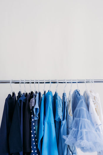 Fast fashion, sustainable fashion, minimalist wardrobe. variety of female blue clothing on 