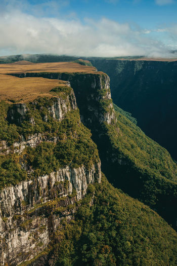 Fortaleza canyon with steep rocky cliffs covered by forest near cambará do sul. brazil.