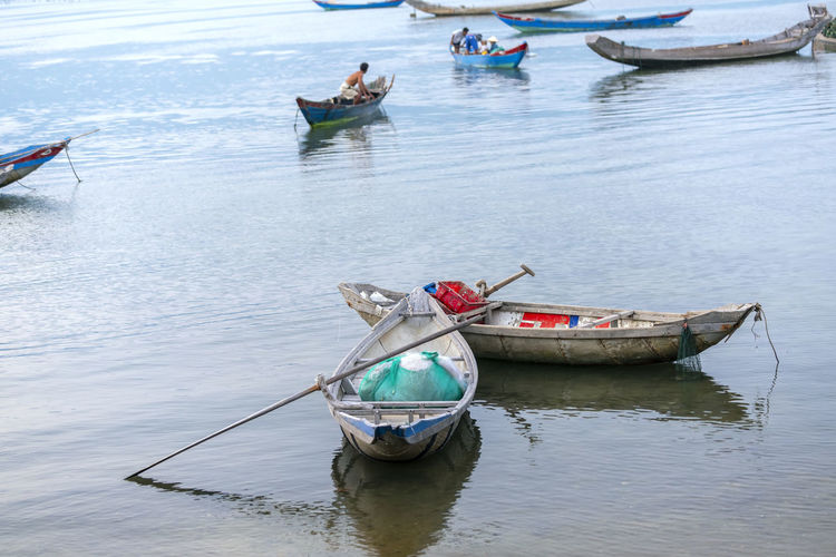 High angle view of fishing boat in lake