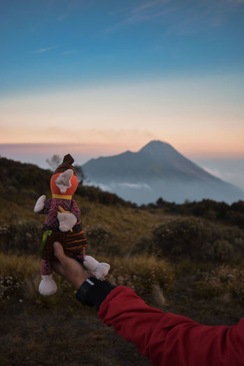 The hand that is holding the doll above mountain