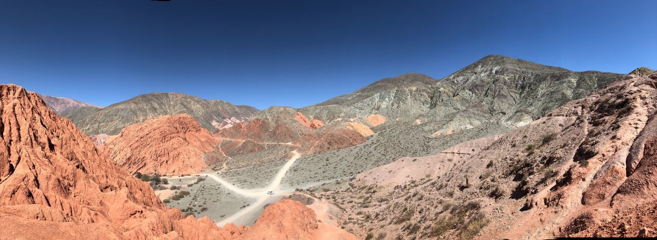 Scenic view of mountains against clear blue sky
