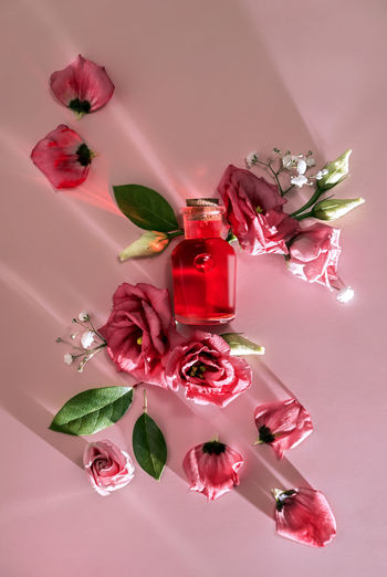 Love potion glass bottle, chemistry of love, flat lay with chemical glassware, flowers and petals