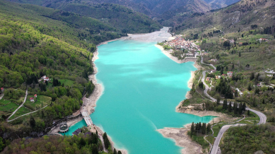 Barcis lake in a panoramic aerial view at valcellina-pordenone,place to visit on dolomites