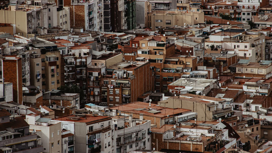 High angle view of houses in town