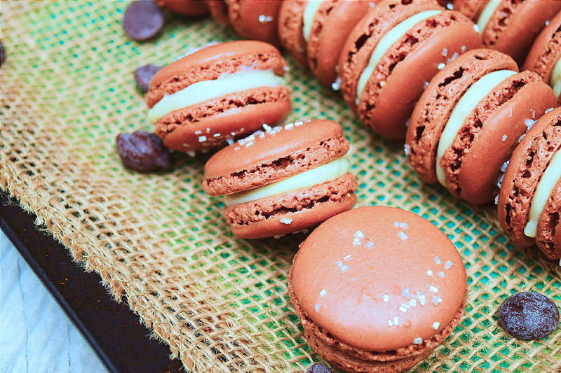 High angle view of macaroons in plate at home