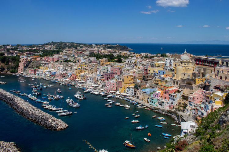 Panoramic view of beautiful procida in sunny summer day