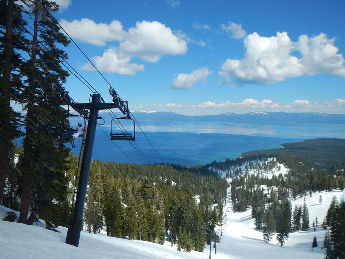 Scenic view of mountain range and lake tahoe against cloudy sky