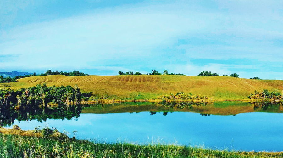 Scenic view of lake and grassy field against sky