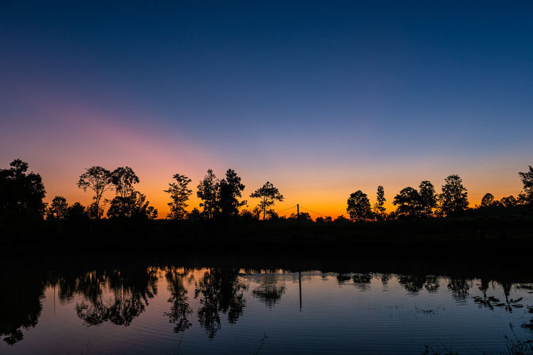 Silhouette trees by lake against sky during sunset