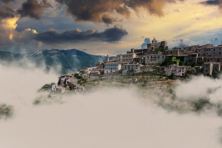 Medieval town of capestrano abruzzo shrouded in fog