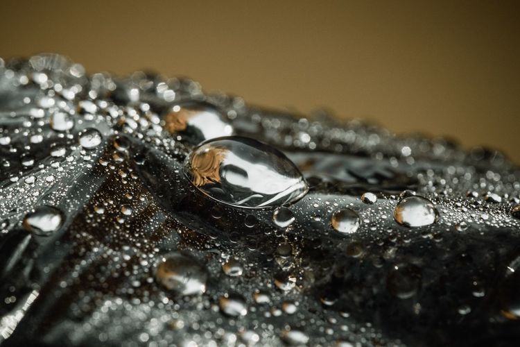 Close-up of water drops on metal