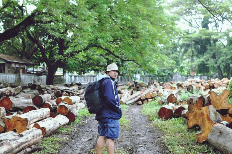 Portrait of man standing against logs in forest