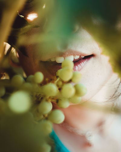 Unrecognizable cheerful female touching bunch of green grapes growing on vine in lush summer garden
