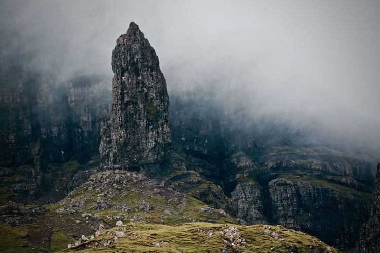 Rock formations at old man of storr during foggy weather