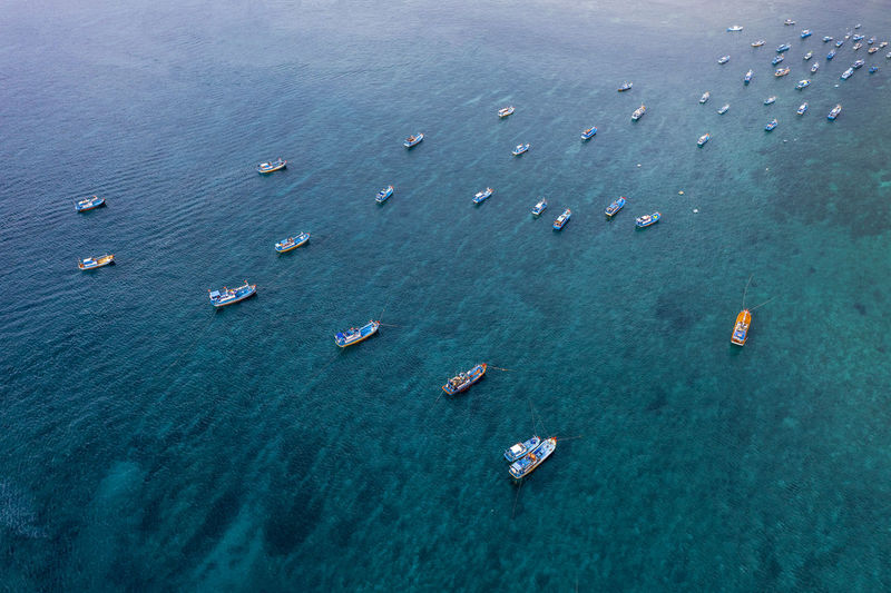 High angle view of sailboats in sea